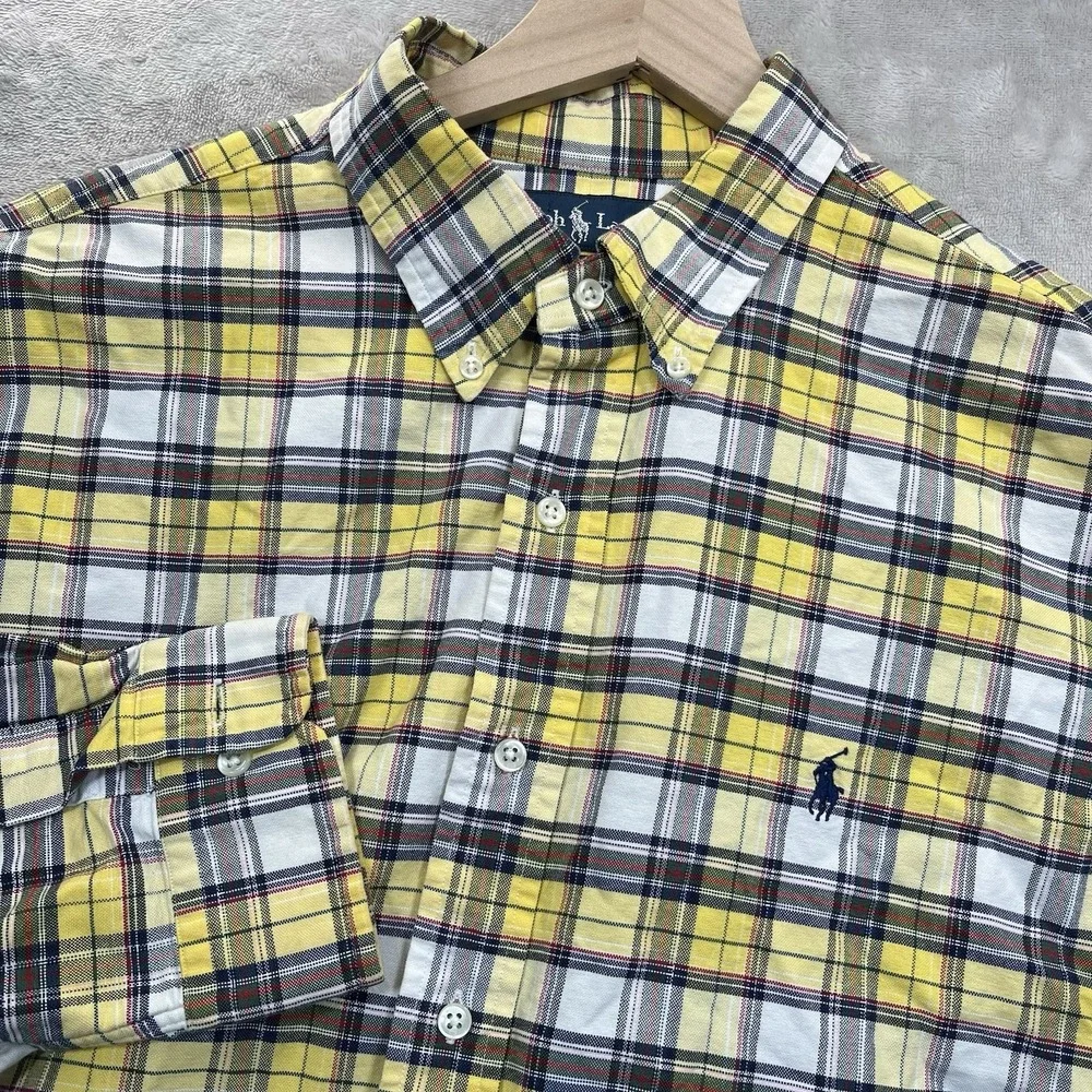 Polo Ralph Lauren Shirt XL 90s VTG Yellow Cotton Plaid Flannel Button READ